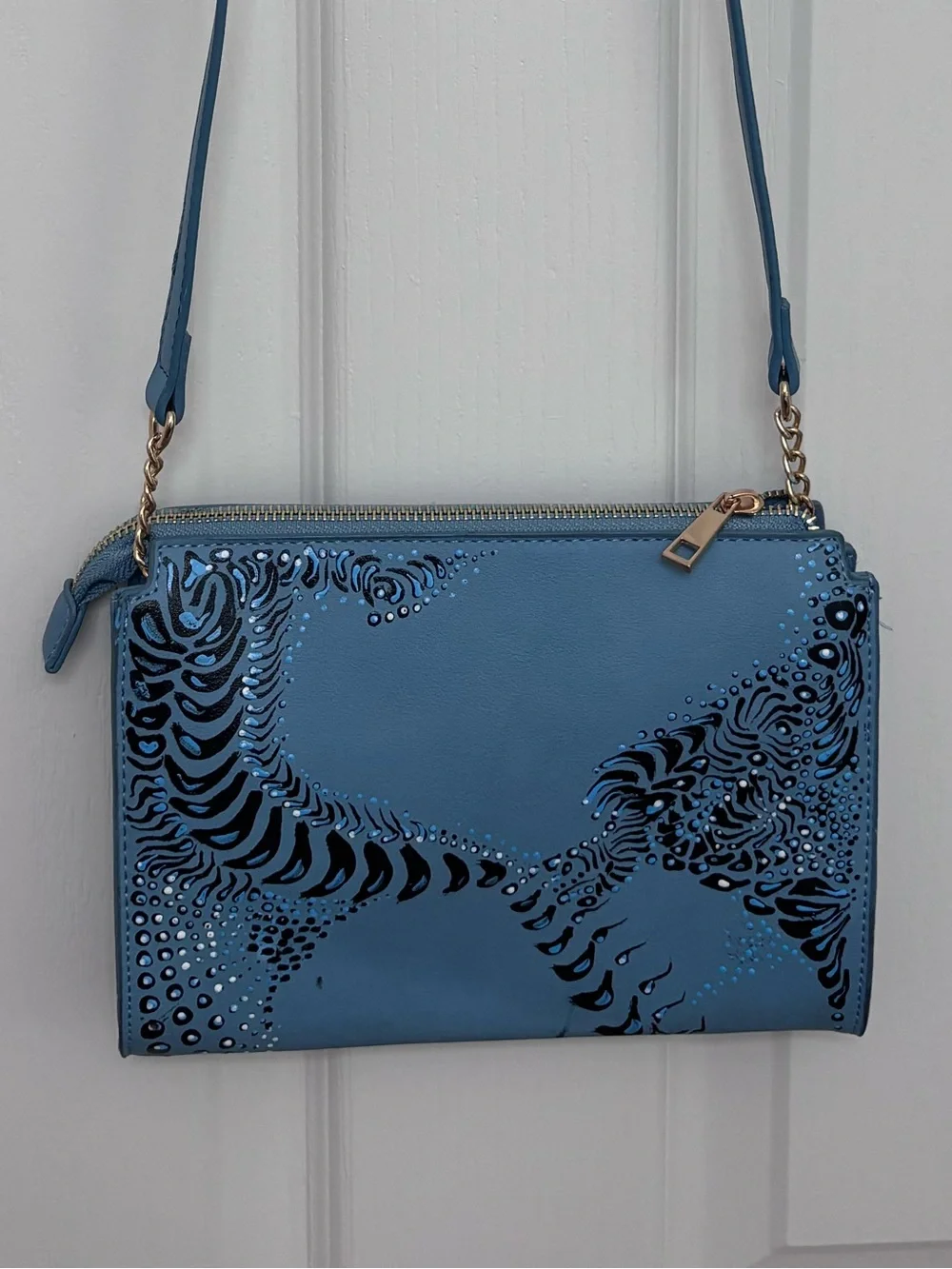 Blue Patterned Crossbody Bag. Hand painted. One of a kind.